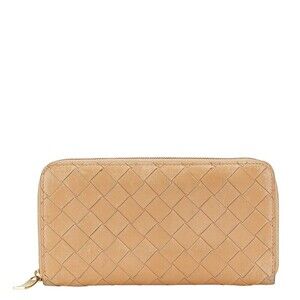 Bottega Veneta Intrecciato Zip Around Long Wallet Beige Leather